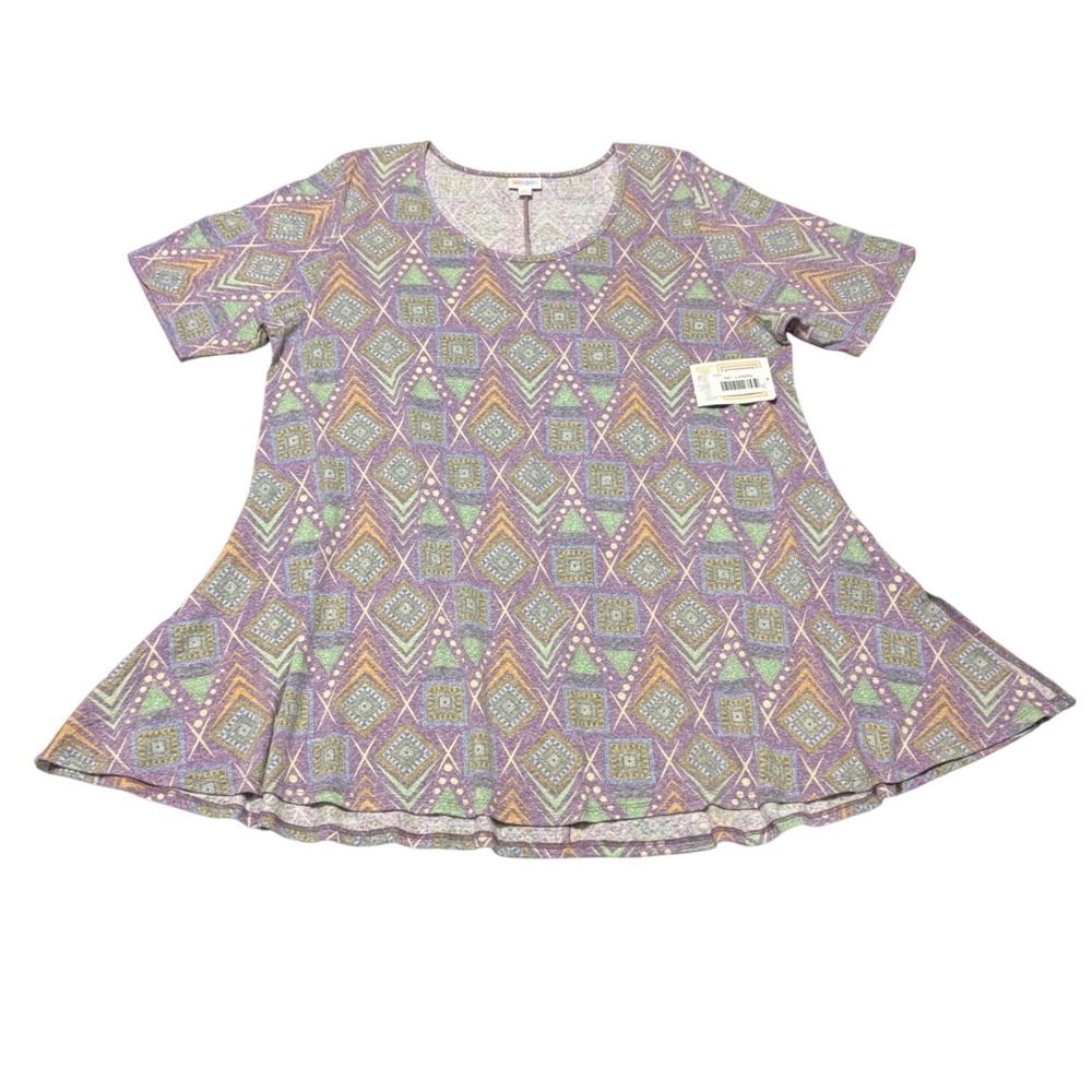 LuLaRoe Perfect T Purple Geometric Print Short Sleeve Tunic 70s Top 3XL NEW #144